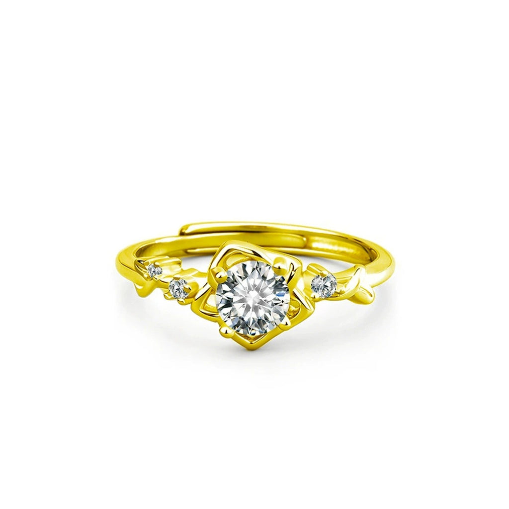 Floral Round Moissanite Adjustable Ring with CZ in gold-plated S925 sterling silver on clean white background