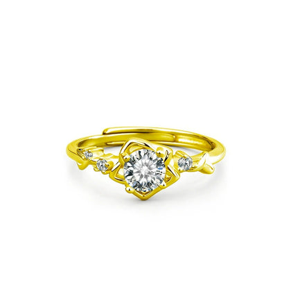 Floral Round Moissanite Adjustable Ring with CZ in gold-plated S925 sterling silver on clean white background