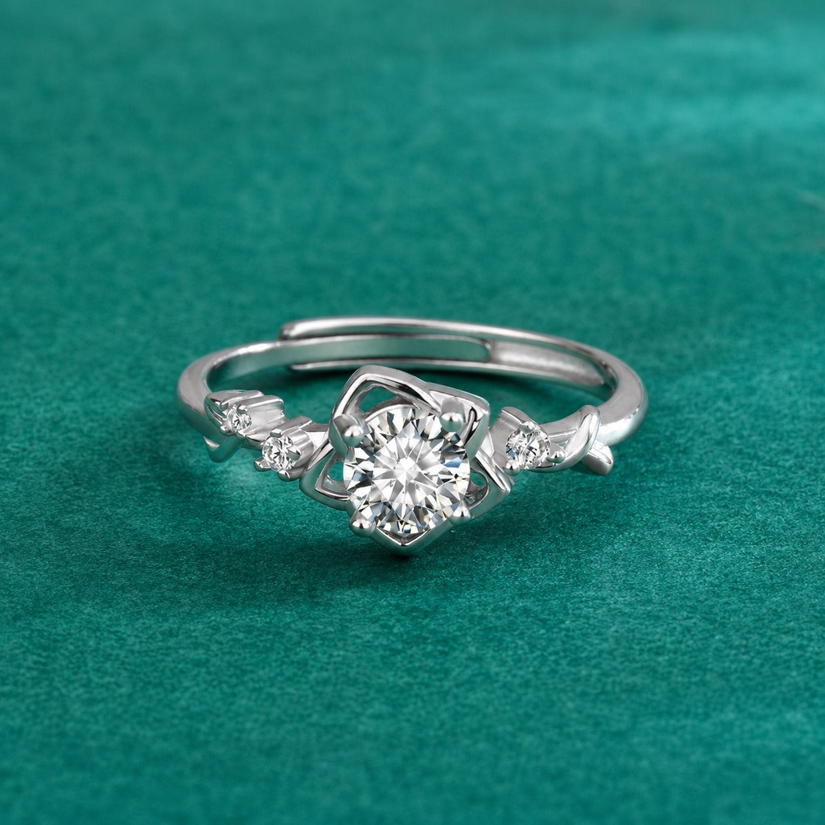 Floral Round Moissanite Adjustable Ring with CZ product view showing moissanite setting and metal finish