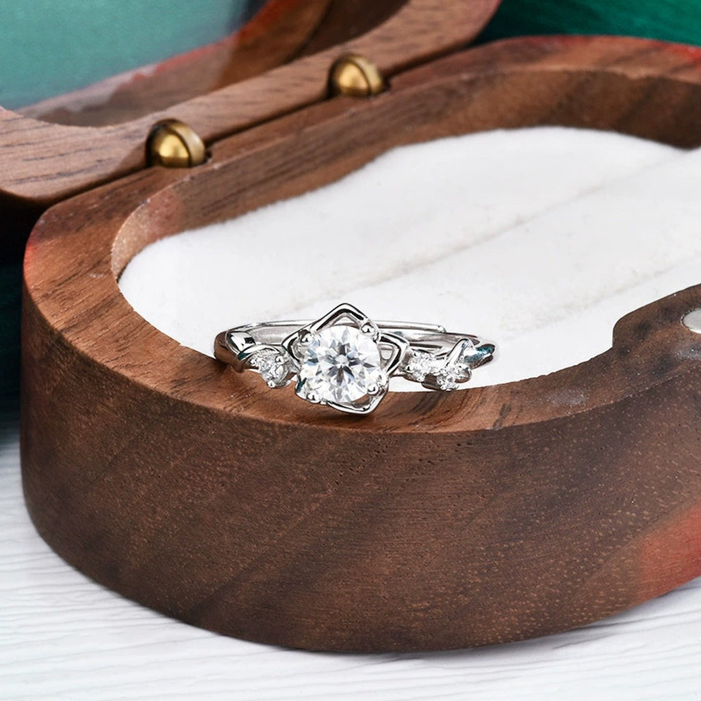 Floral Round Moissanite Adjustable Ring with CZ detailed product photo showing ring shape and stone setting