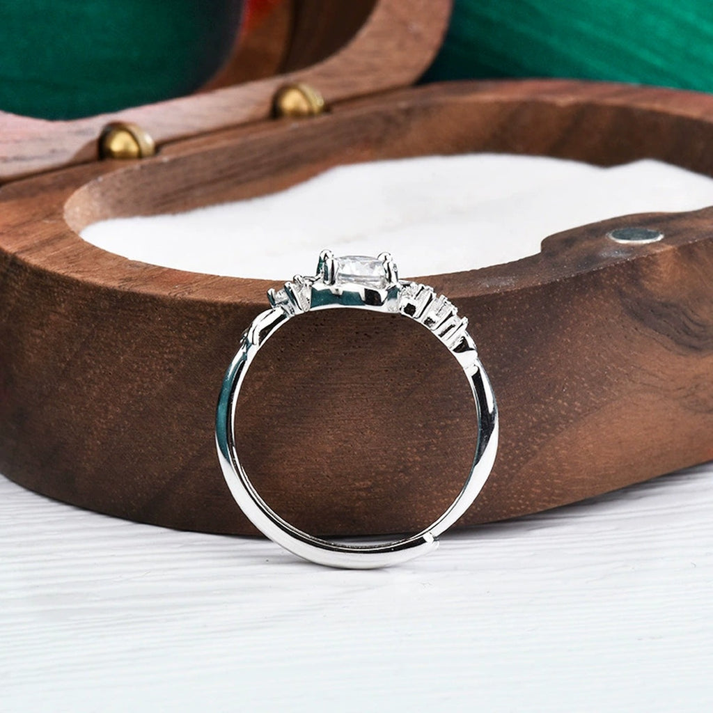 Floral Round Moissanite Adjustable Ring with CZ detailed product photo showing ring shape and stone setting