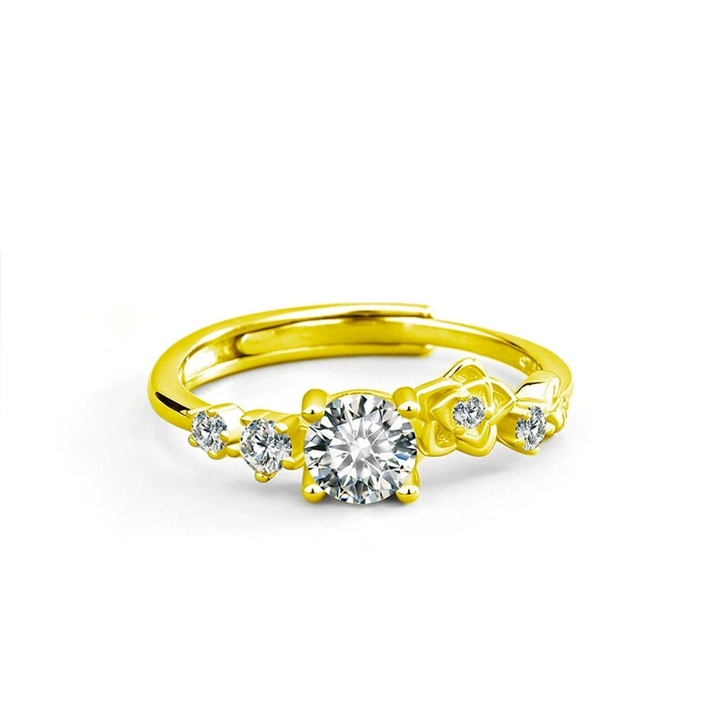Rose Floral Round Moissanite Adjustable Ring with CZ in gold-plated S925 sterling silver on clean white background