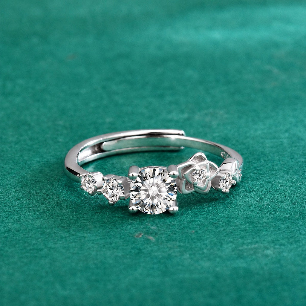 Rose Floral Round Moissanite Adjustable Ring with CZ product view showing moissanite setting and metal finish