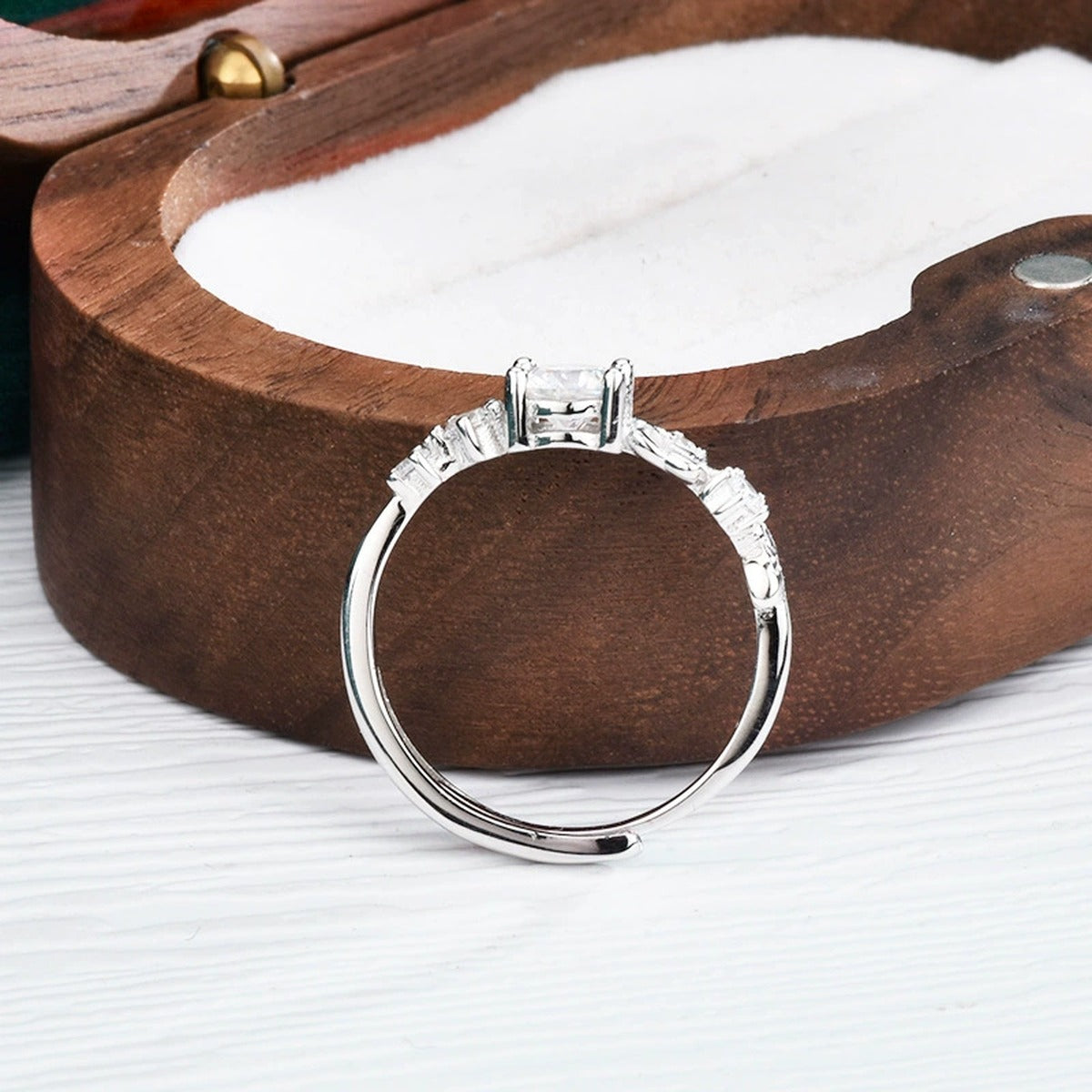 Rose Floral Round Moissanite Adjustable Ring with CZ detailed product photo showing ring shape and stone setting