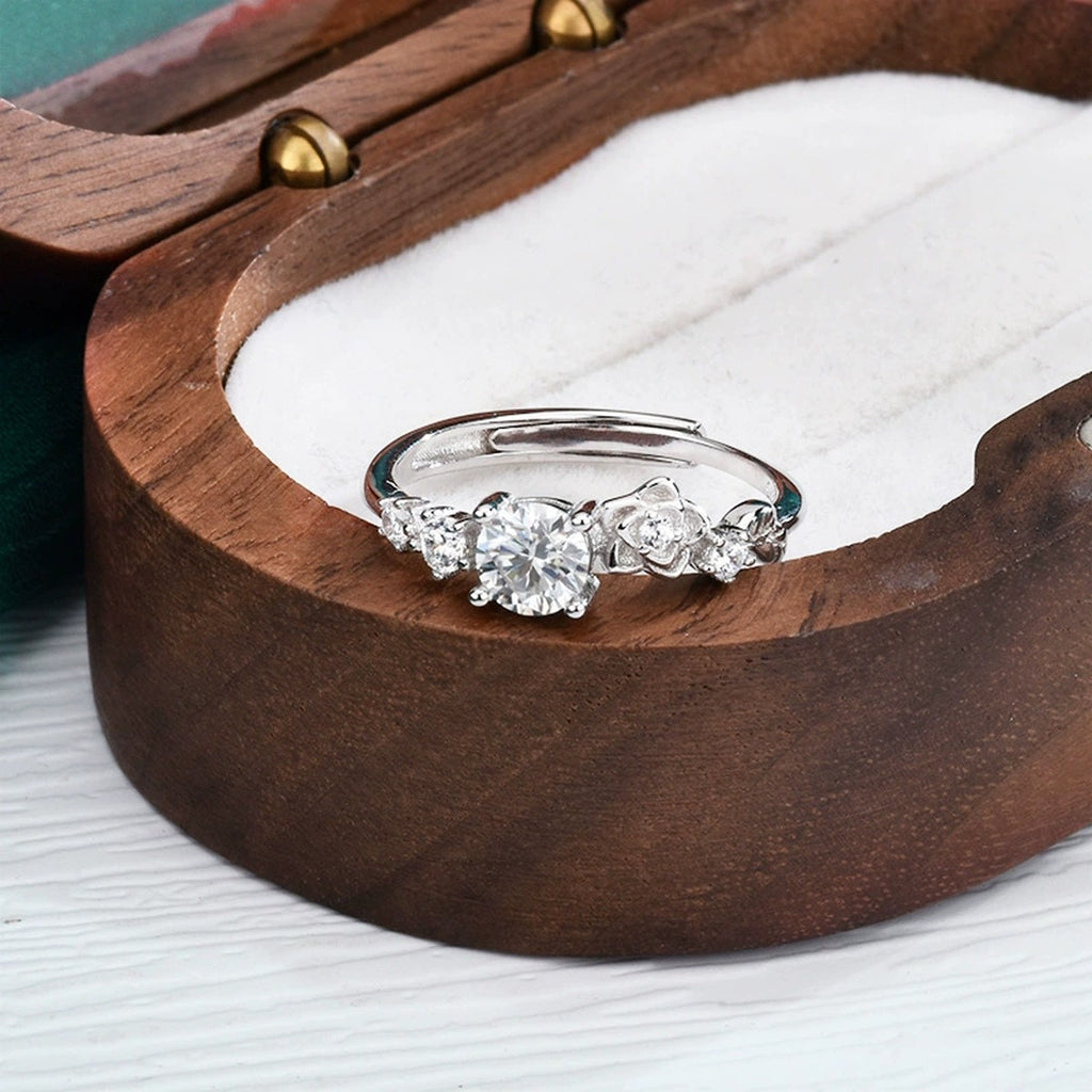 Rose Floral Round Moissanite Adjustable Ring with CZ detailed product photo showing ring shape and stone setting