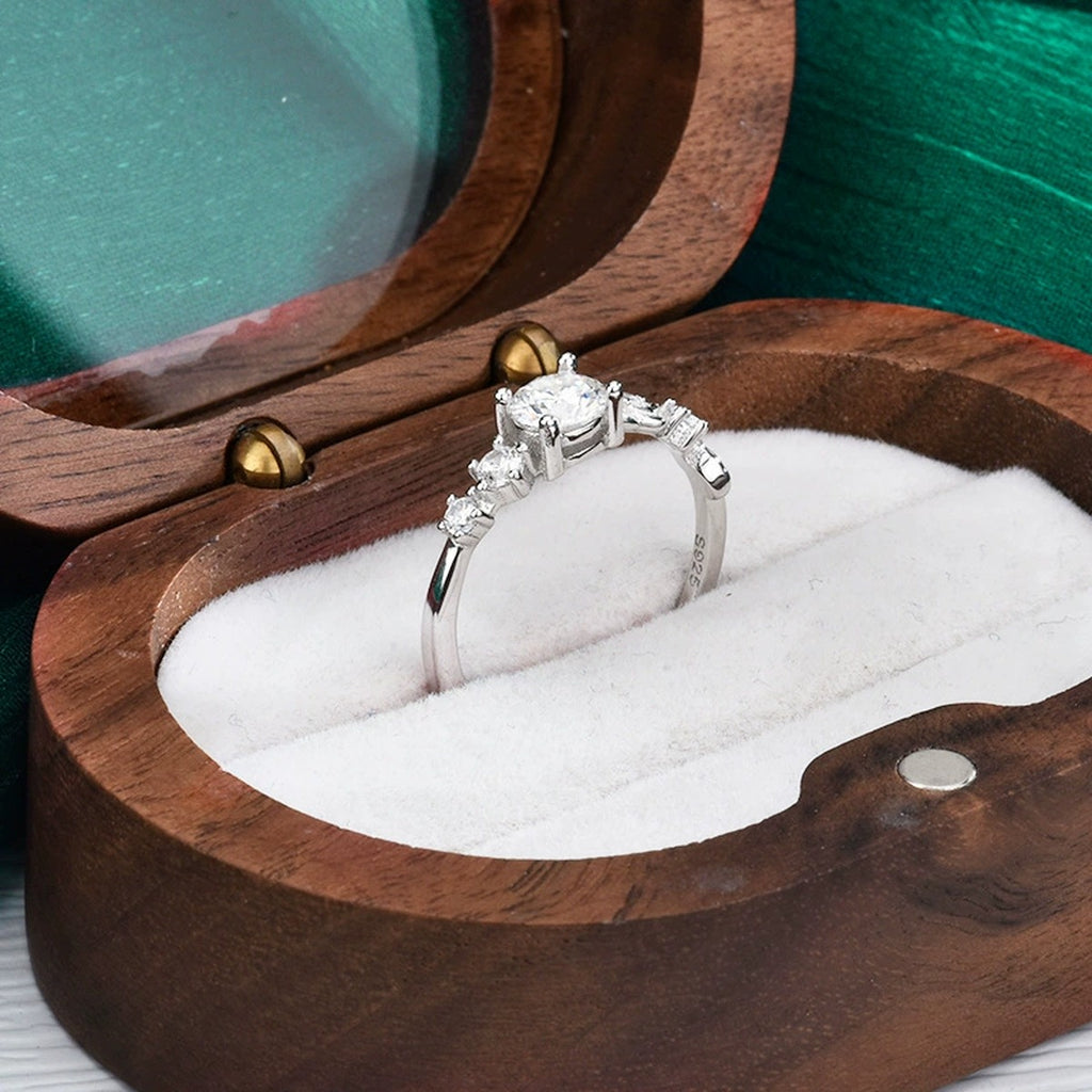 Rose Floral Round Moissanite Adjustable Ring with CZ detailed product photo showing ring shape and stone setting