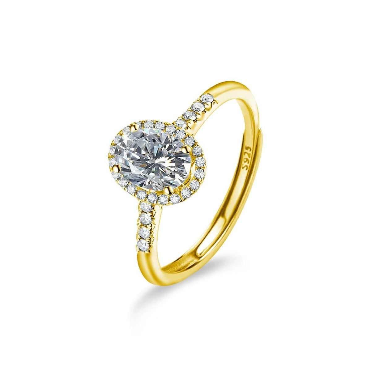 Four-Prong Oval Moissanite Adjustable Engagement Ring with CZ in gold-plated S925 sterling silver on clean white background