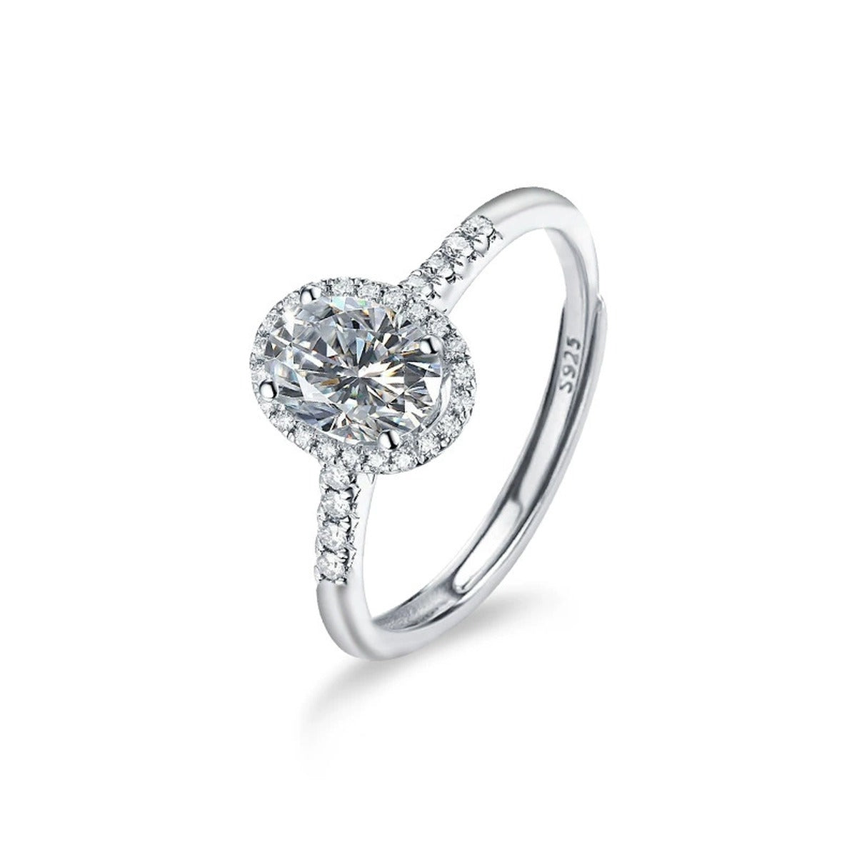 Four-Prong Oval Moissanite Adjustable Engagement Ring with CZ in gold-plated S925 sterling silver on clean white background