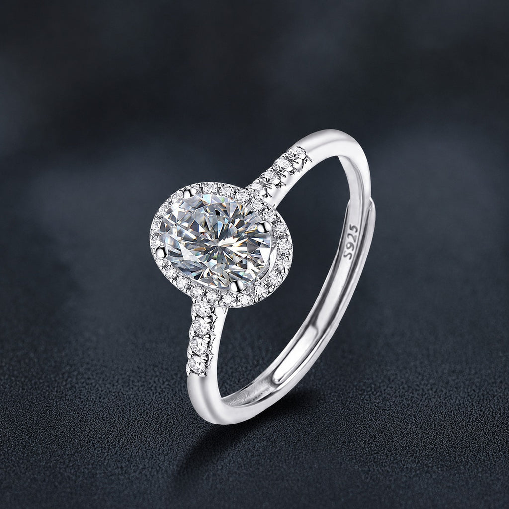 Four-Prong Oval Moissanite Adjustable Engagement Ring with CZ close-up detail view with moissanite sparkle