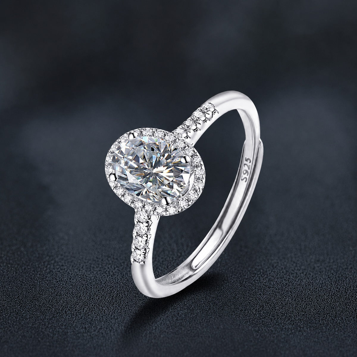 Four-Prong Oval Moissanite Adjustable Engagement Ring with CZ close-up detail view with moissanite sparkle