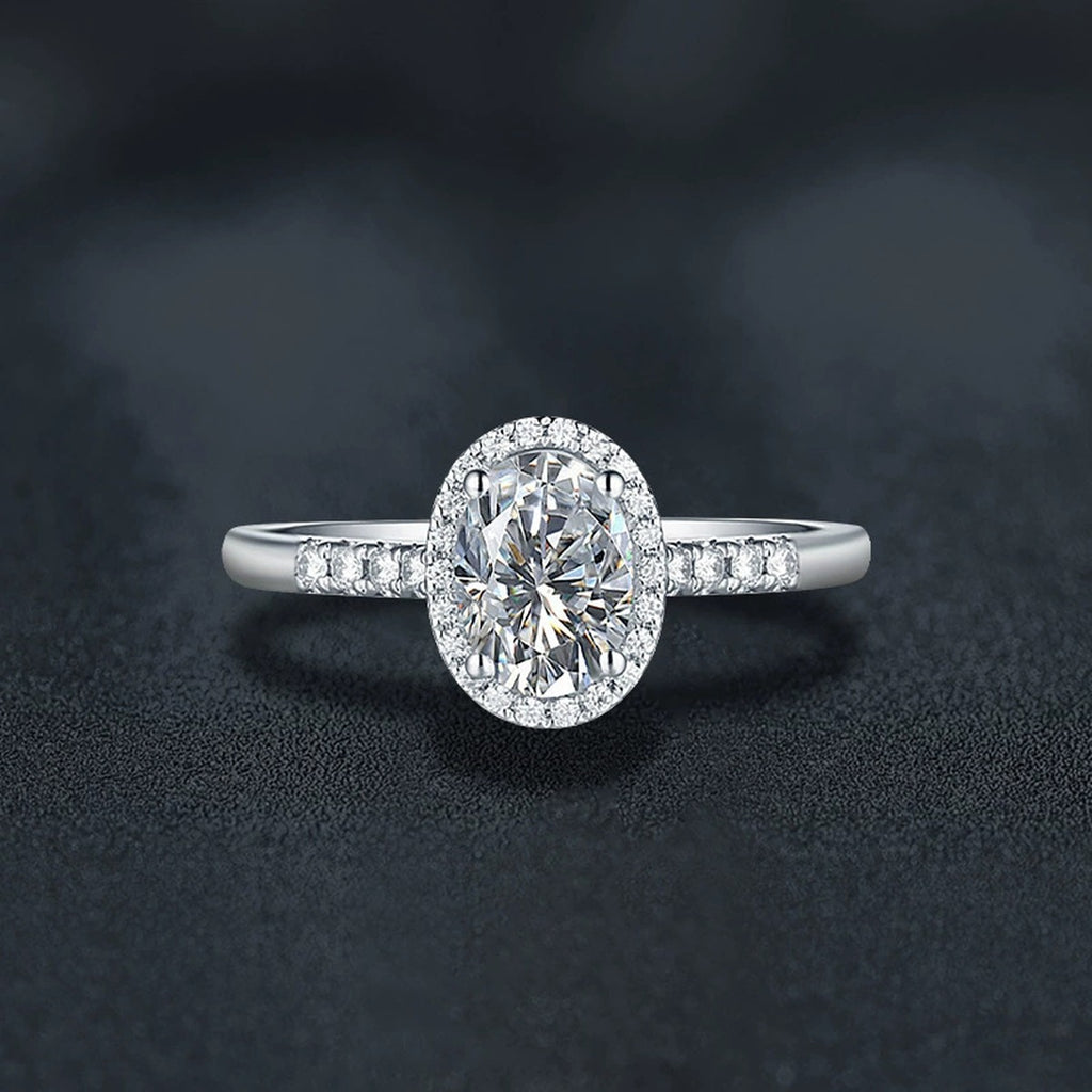 Four-Prong Oval Moissanite Adjustable Engagement Ring with CZ close-up detail view with moissanite sparkle