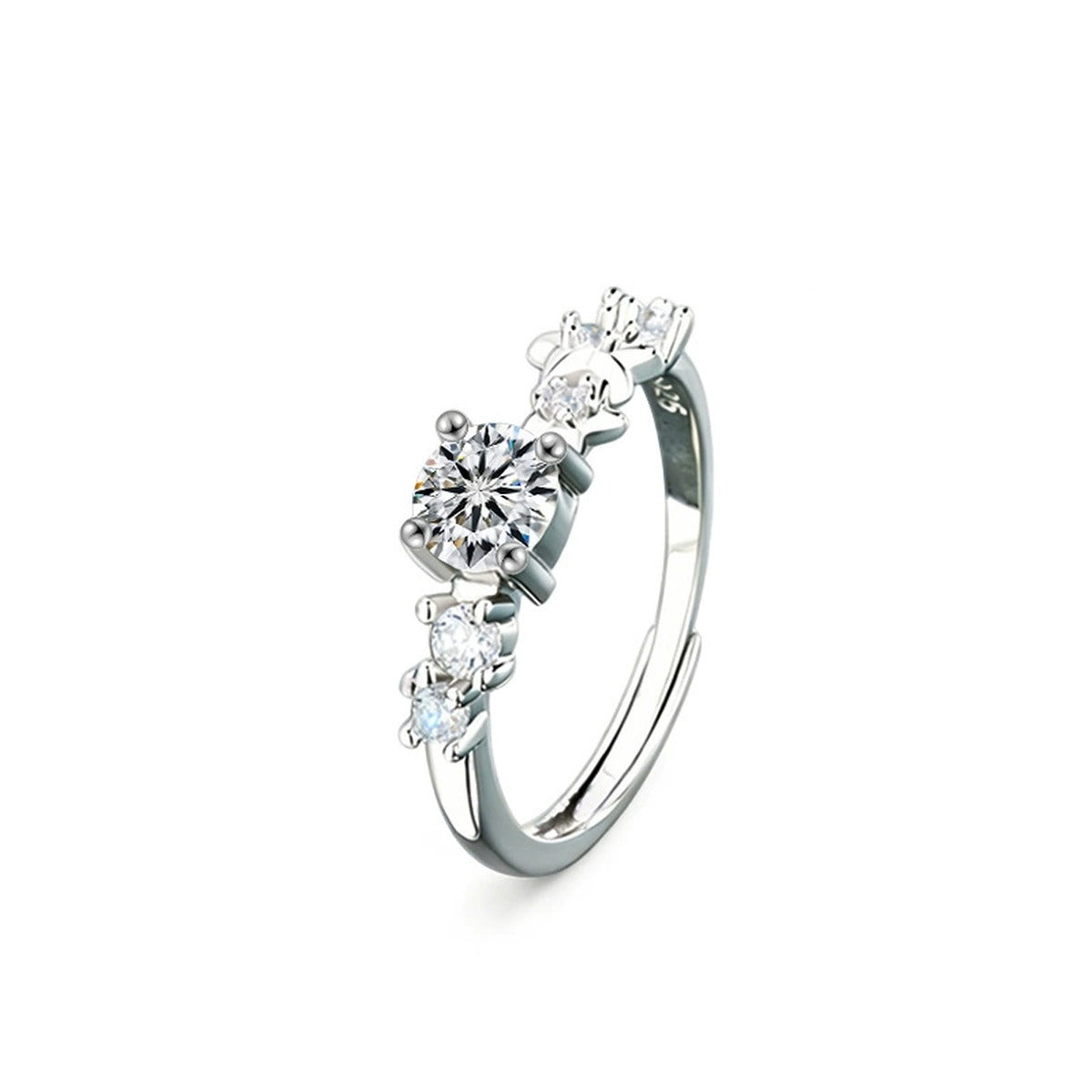 Floral Round Moissanite Adjustable Ring with CZ in gold-plated S925 sterling silver on clean white background