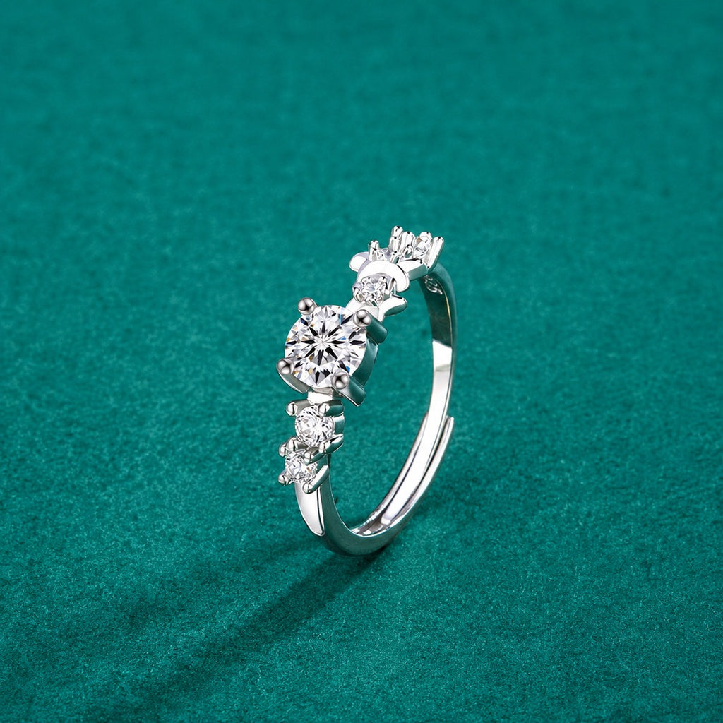 Floral Round Moissanite Adjustable Ring with CZ detailed product photo showing ring shape and stone setting