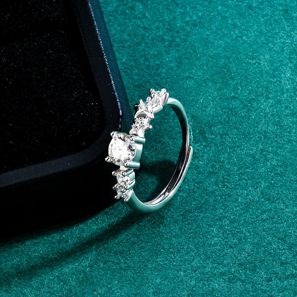 Floral Round Moissanite Adjustable Ring with CZ detailed product photo showing ring shape and stone setting