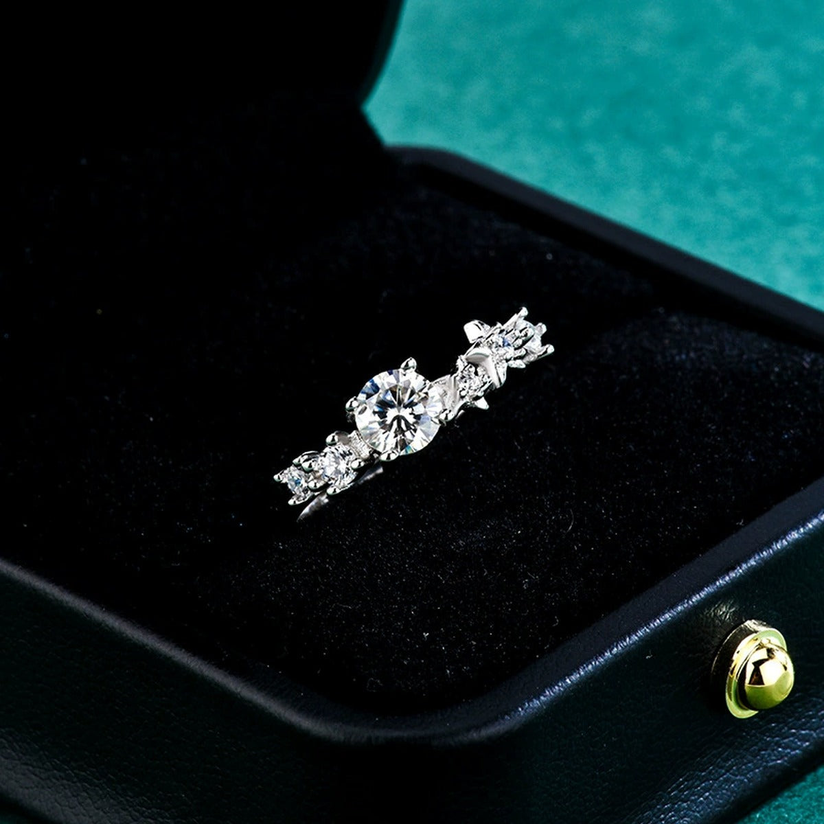 Floral Round Moissanite Adjustable Ring with CZ close-up detail view with moissanite sparkle