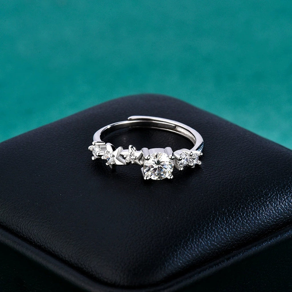 Floral Round Moissanite Adjustable Ring with CZ close-up detail view with moissanite sparkle