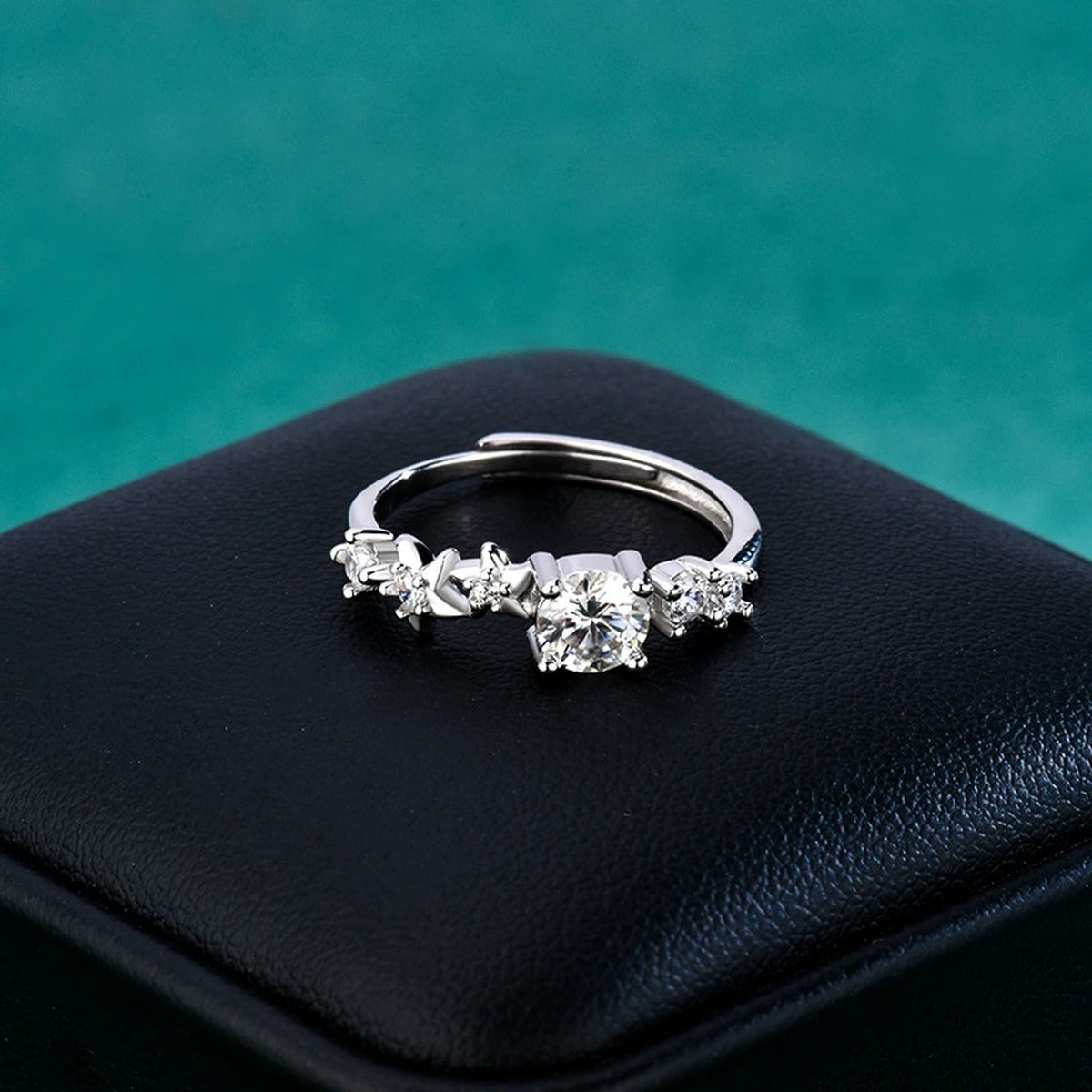 Floral Round Moissanite Adjustable Ring with CZ close-up detail view with moissanite sparkle