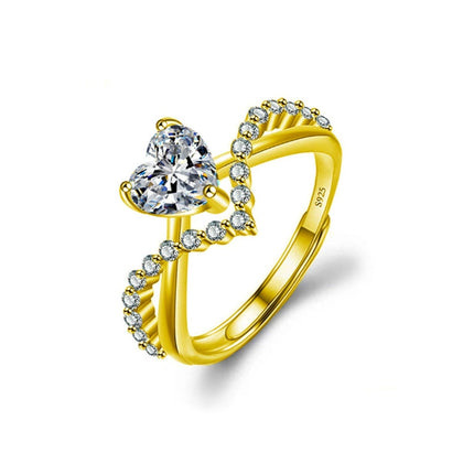 Heart Cut Moissanite Engagement Ring with CZ in gold-plated S925 sterling silver on clean white background