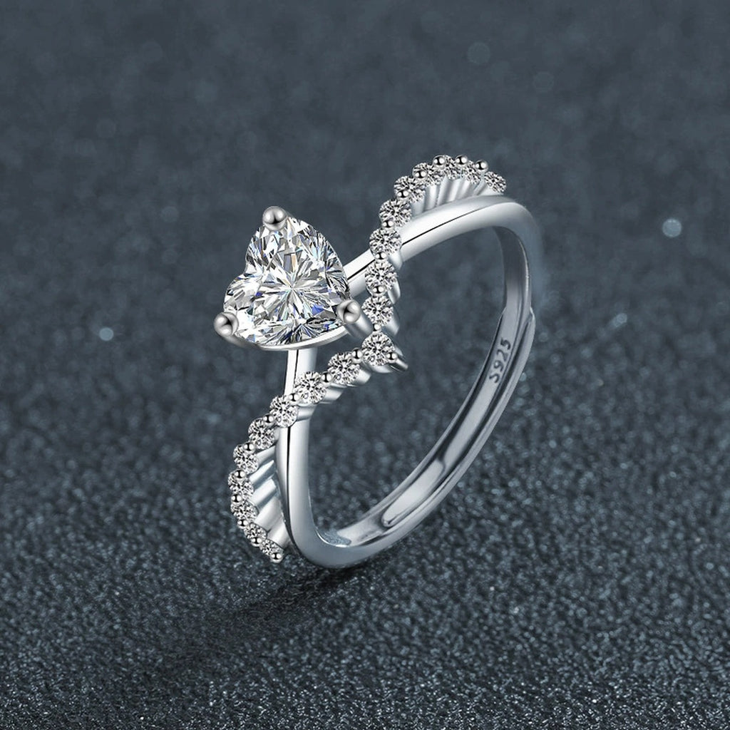 Heart Cut Moissanite Engagement Ring with CZ close-up detail view with moissanite sparkle