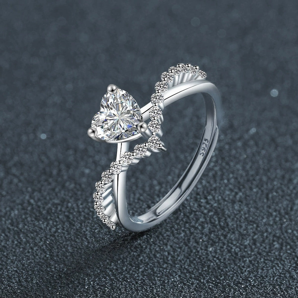 Heart Cut Moissanite Engagement Ring with CZ close-up detail view with moissanite sparkle