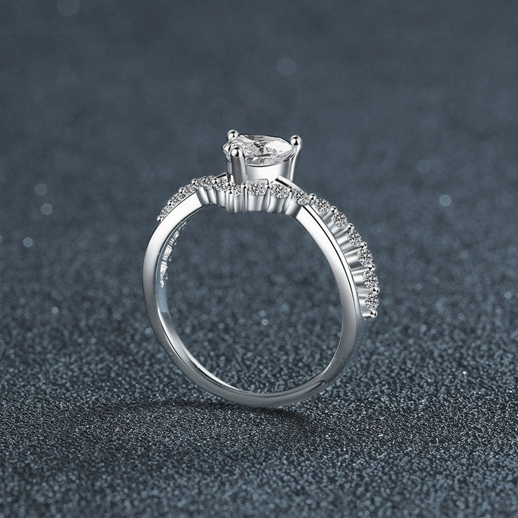 Heart Cut Moissanite Engagement Ring with CZ close-up detail view with moissanite sparkle