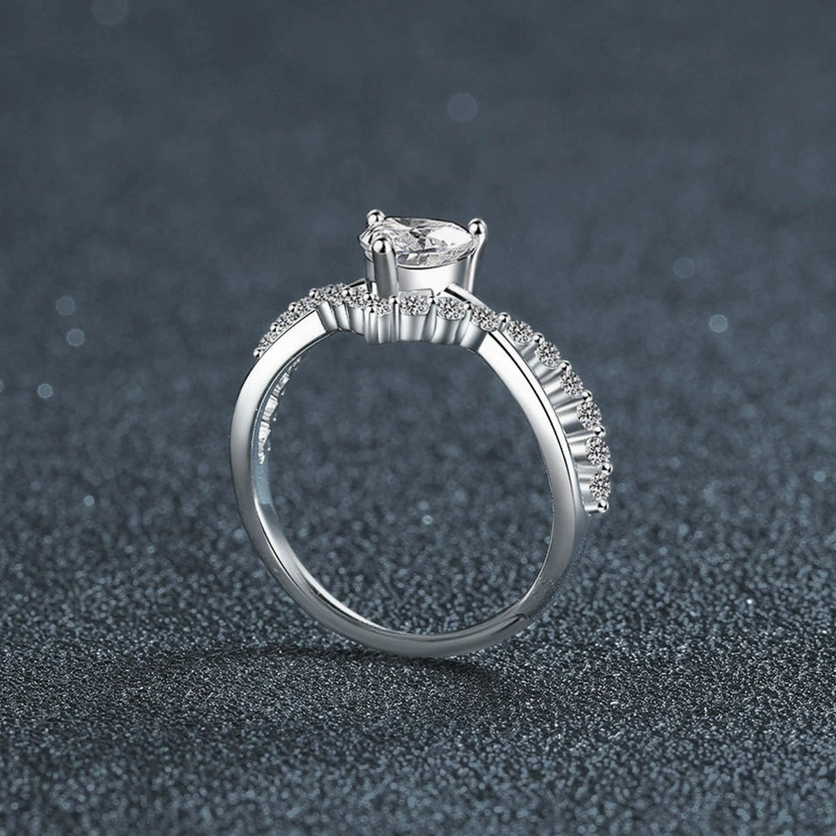 Heart Cut Moissanite Engagement Ring with CZ close-up detail view with moissanite sparkle