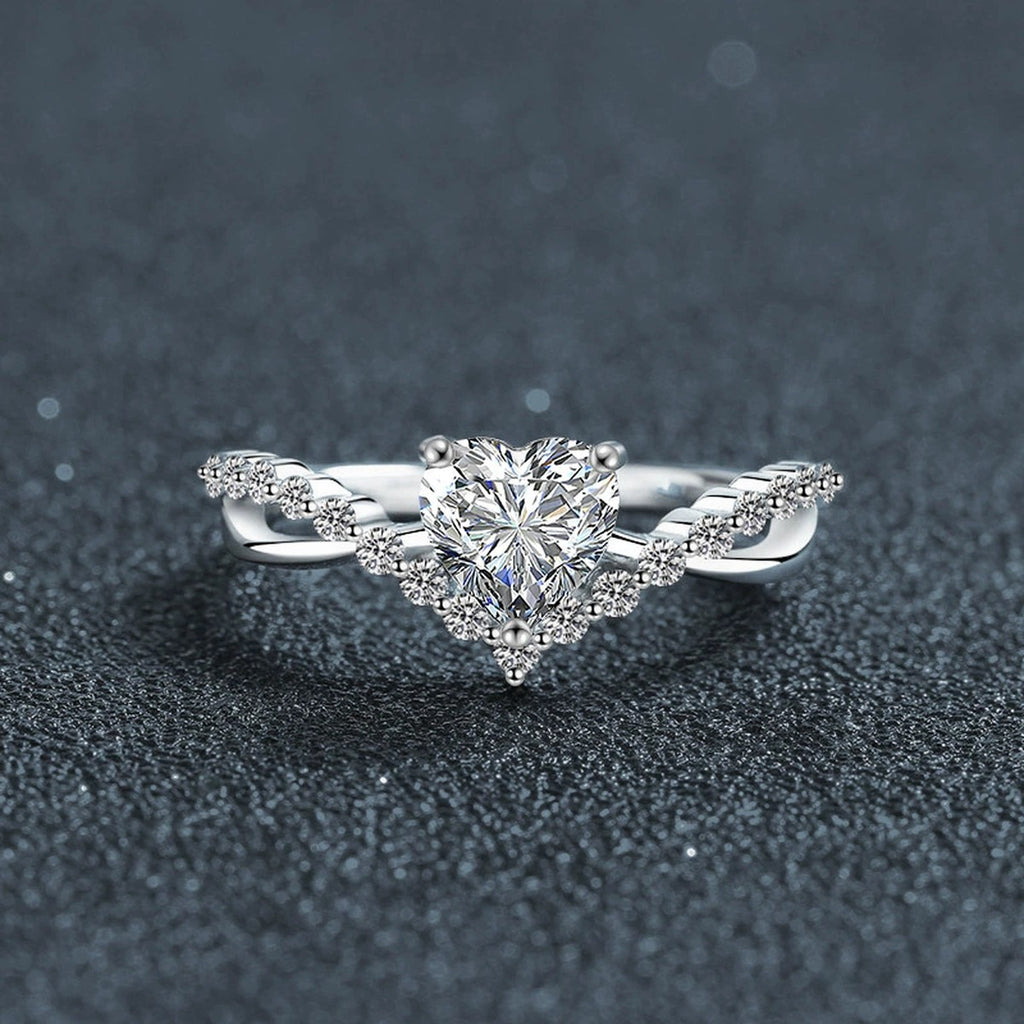 Heart Cut Moissanite Engagement Ring with CZ close-up detail view with moissanite sparkle