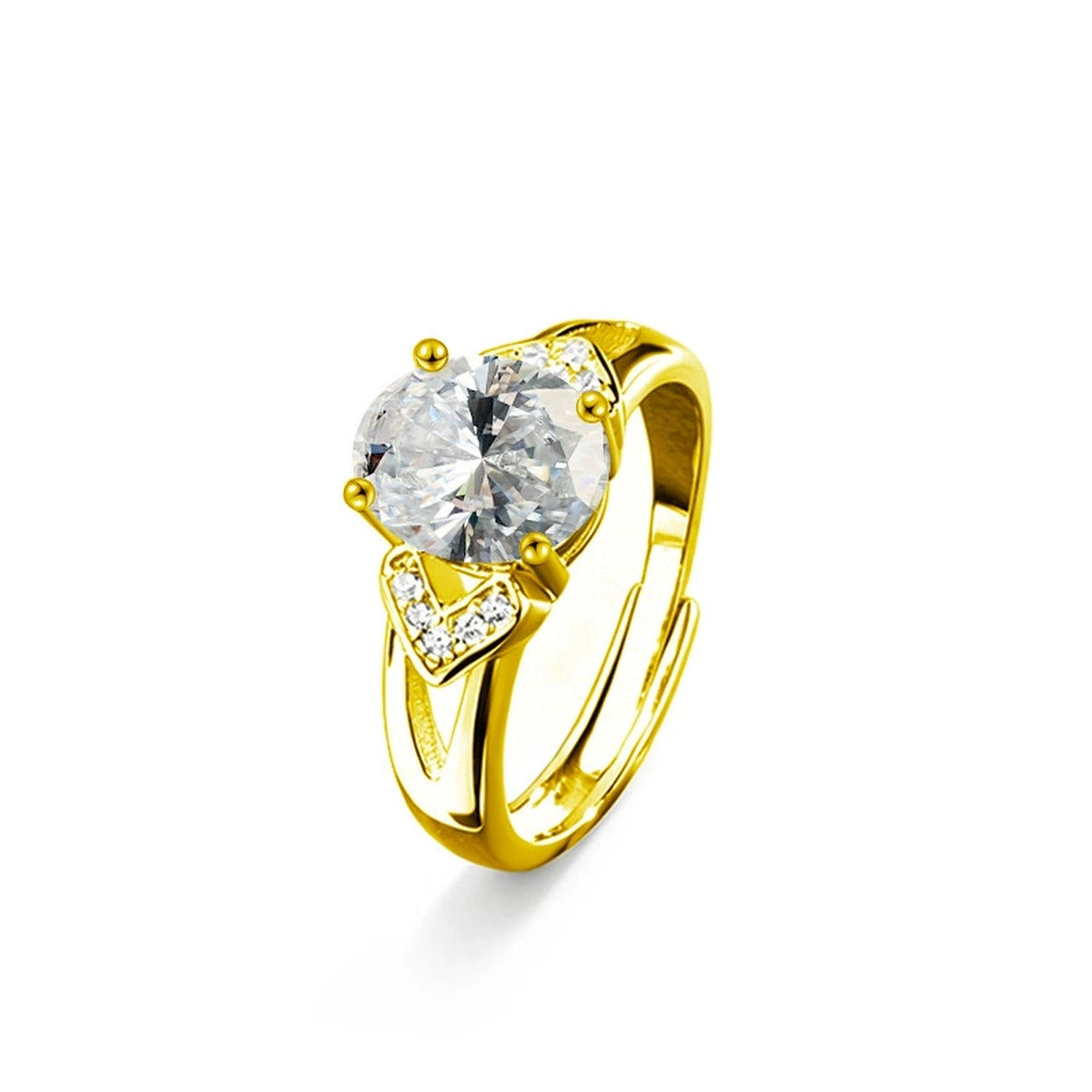 Oval Cut Moissanite Engagement Ring with CZ in gold-plated S925 sterling silver on clean white background