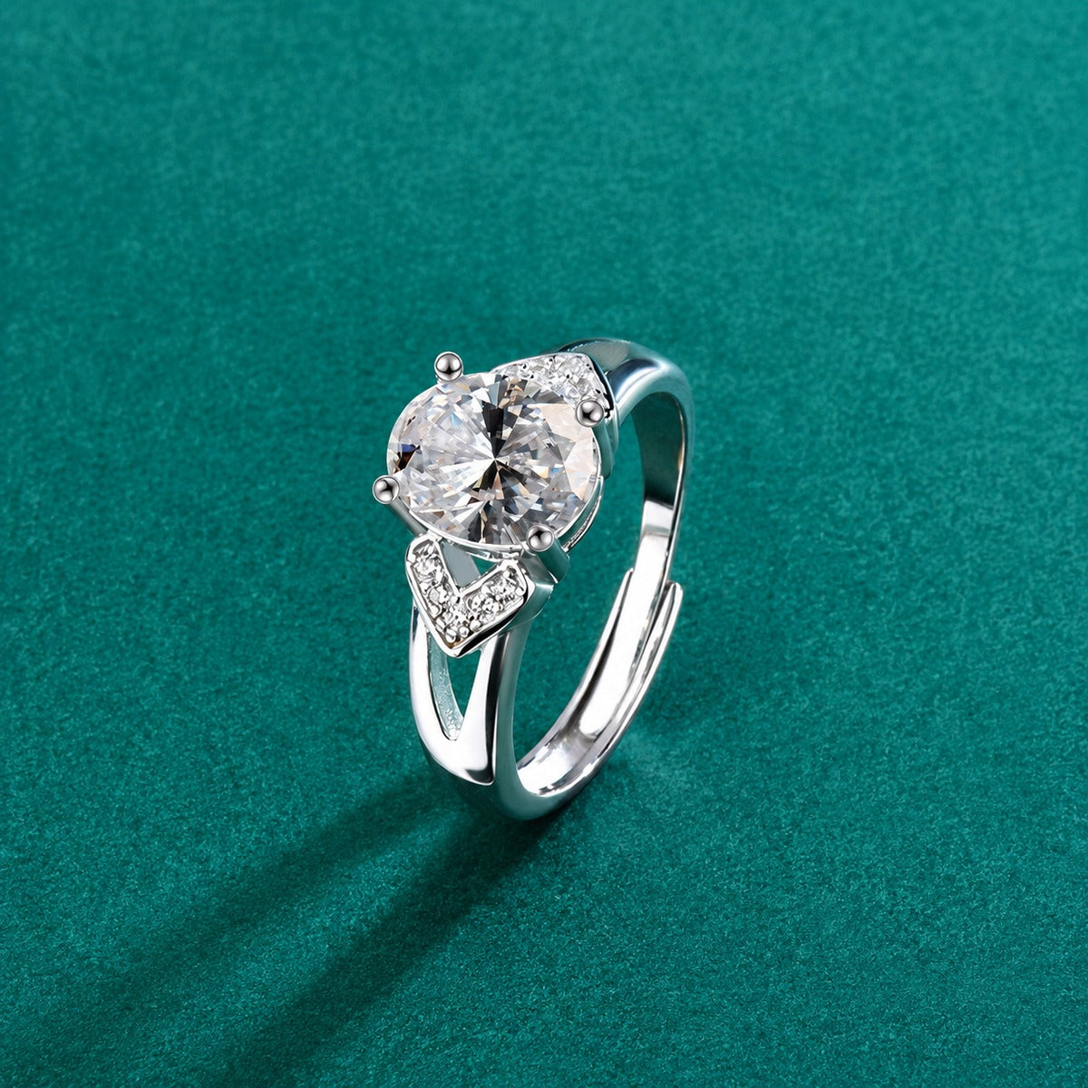 Oval Cut Moissanite Engagement Ring with CZ detailed product photo showing ring shape and stone setting