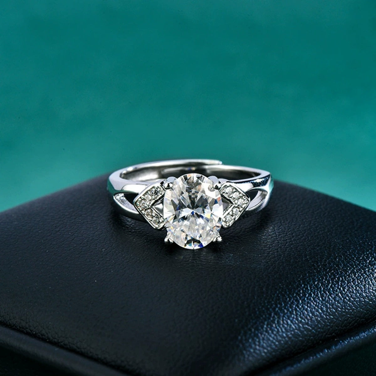 Oval Cut Moissanite Engagement Ring with CZ detailed product photo showing ring shape and stone setting