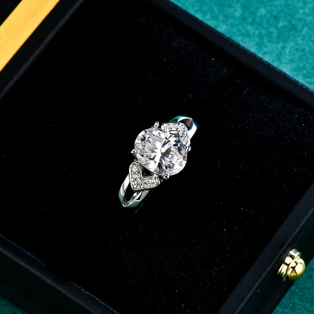 Oval Cut Moissanite Engagement Ring with CZ close-up detail view with moissanite sparkle