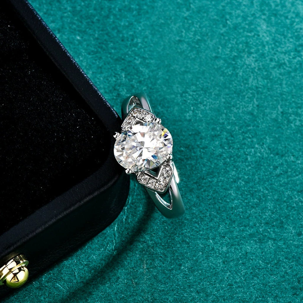 Oval Cut Moissanite Engagement Ring with CZ close-up detail view with moissanite sparkle