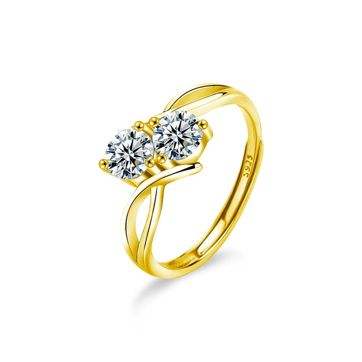Two-Stone Round Moissanite Adjustable Ring in gold-plated S925 sterling silver on clean white background