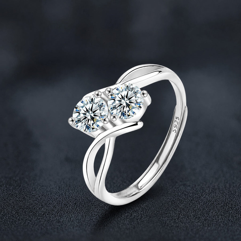 Two-Stone Round Moissanite Adjustable Ring close-up detail view with moissanite sparkle