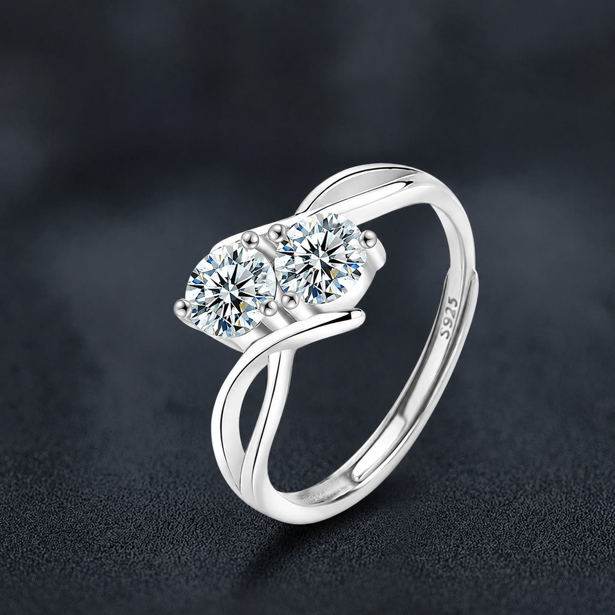 Two-Stone Round Moissanite Adjustable Ring close-up detail view with moissanite sparkle