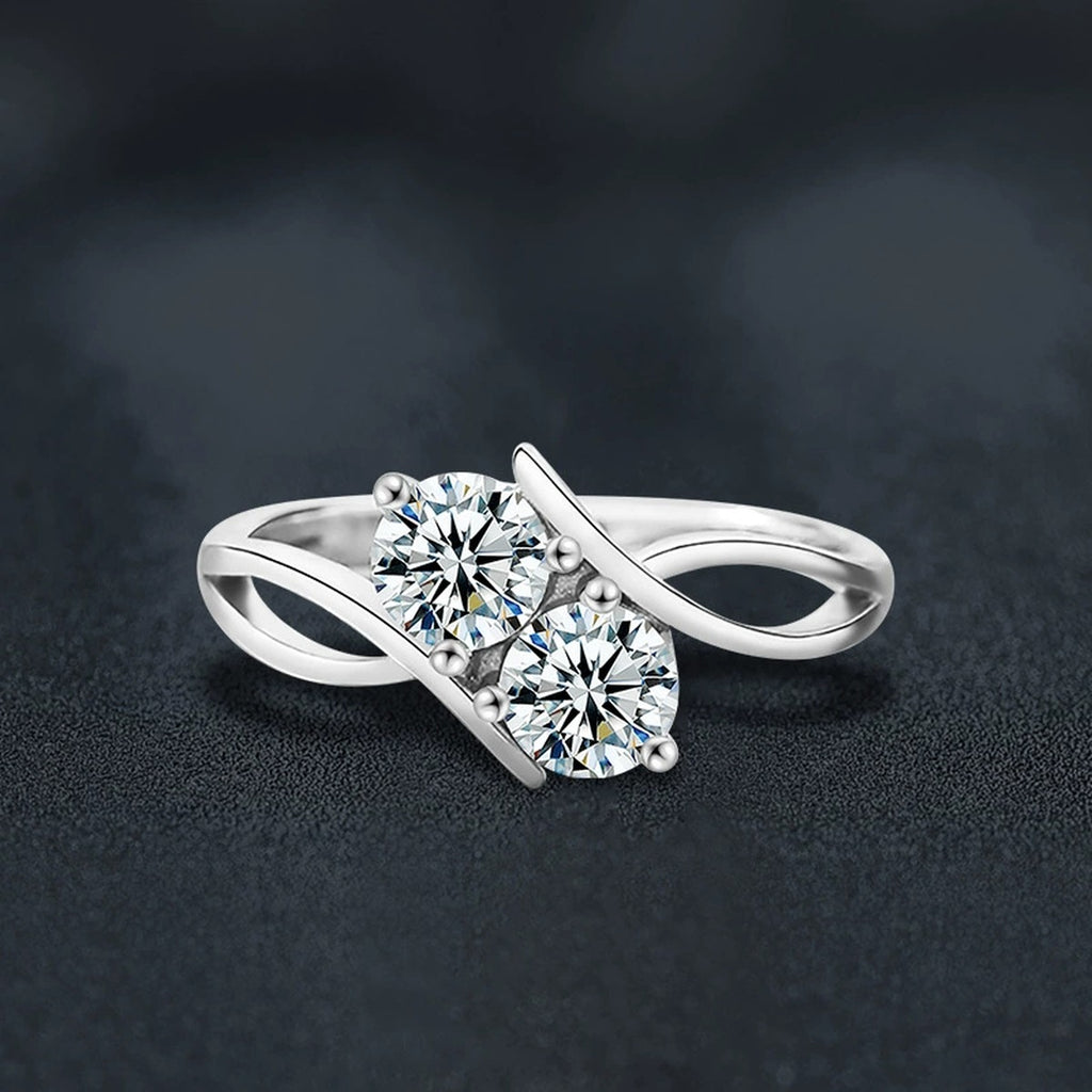 Two-Stone Round Moissanite Adjustable Ring close-up detail view with moissanite sparkle