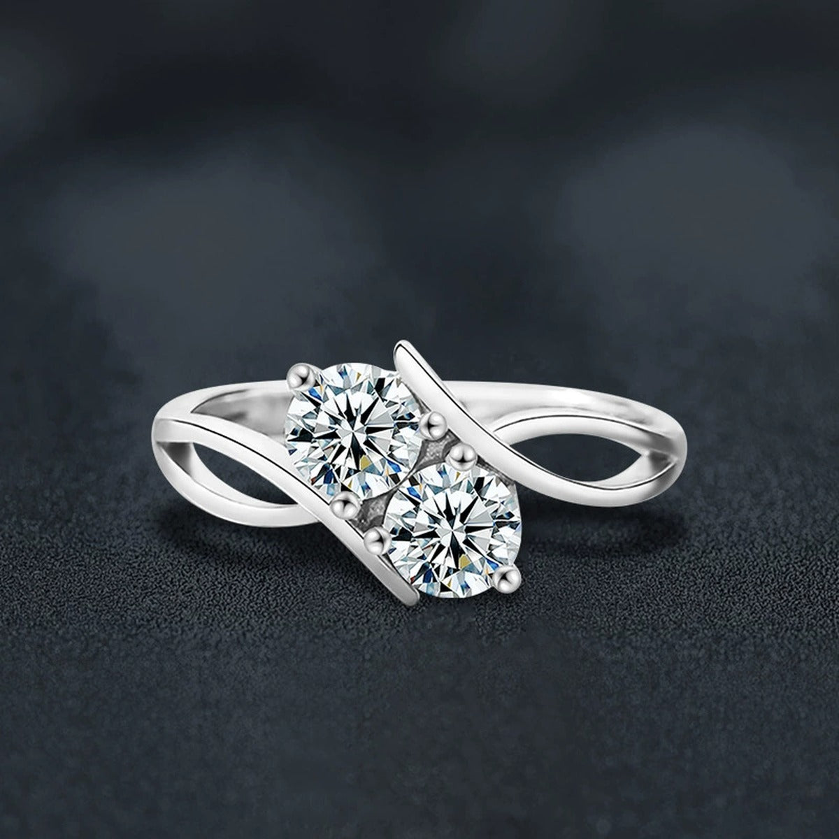 Two-Stone Round Moissanite Adjustable Ring close-up detail view with moissanite sparkle