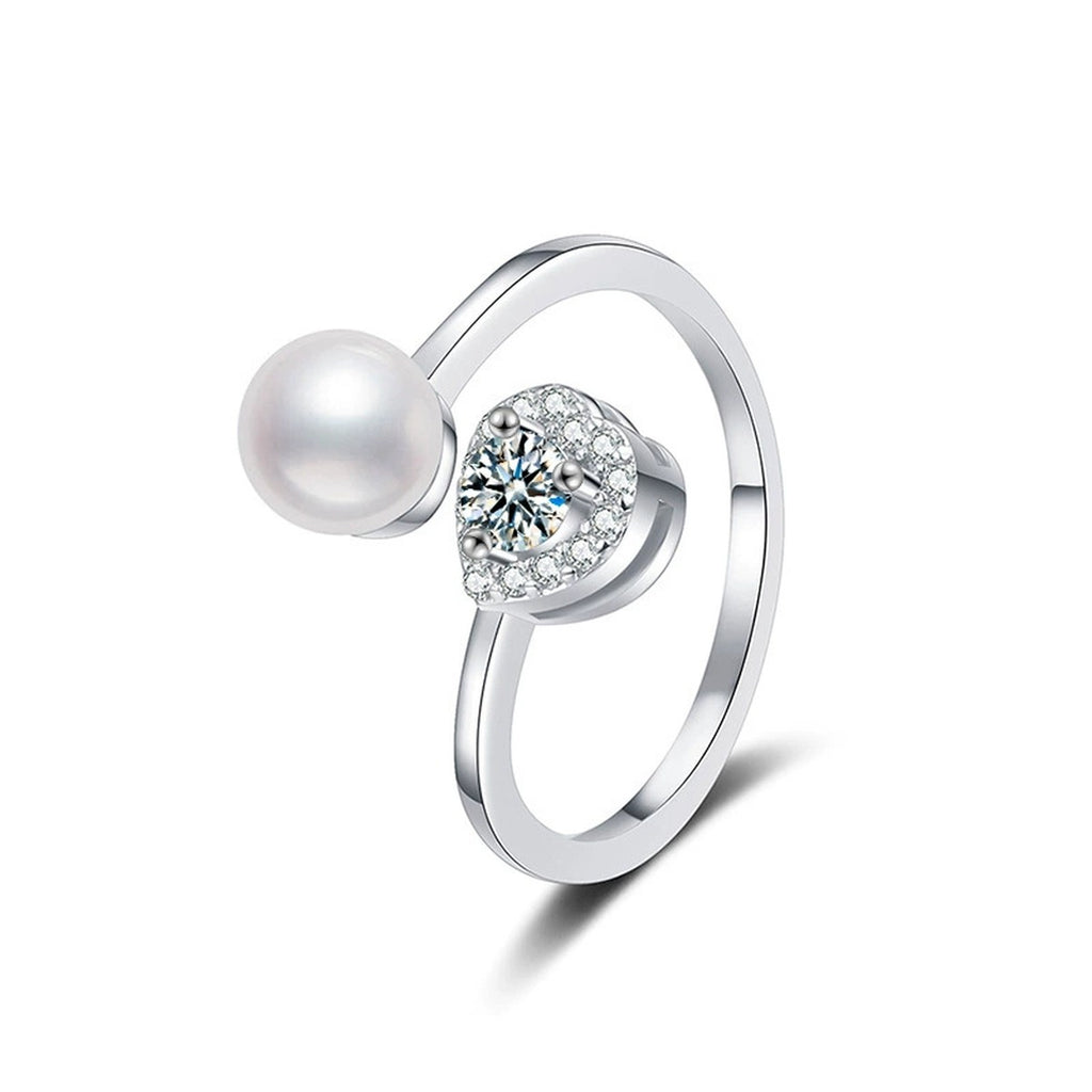 Pearl and Round Moissanite Adjustable Ring with CZ in white gold-plated S925 sterling silver on clean white background
