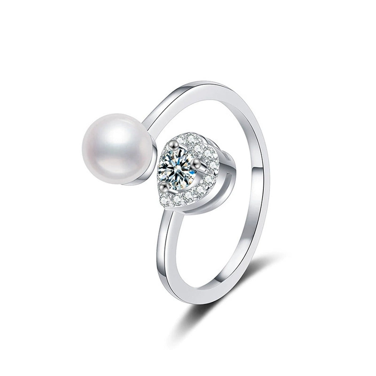 Pearl and Round Moissanite Adjustable Ring with CZ in white gold-plated S925 sterling silver on clean white background