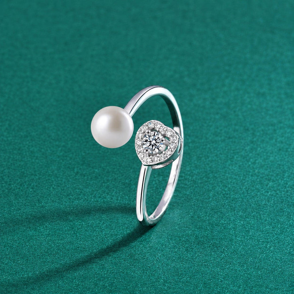 Pearl and Round Moissanite Adjustable Ring with CZ product view showing moissanite setting and metal finish