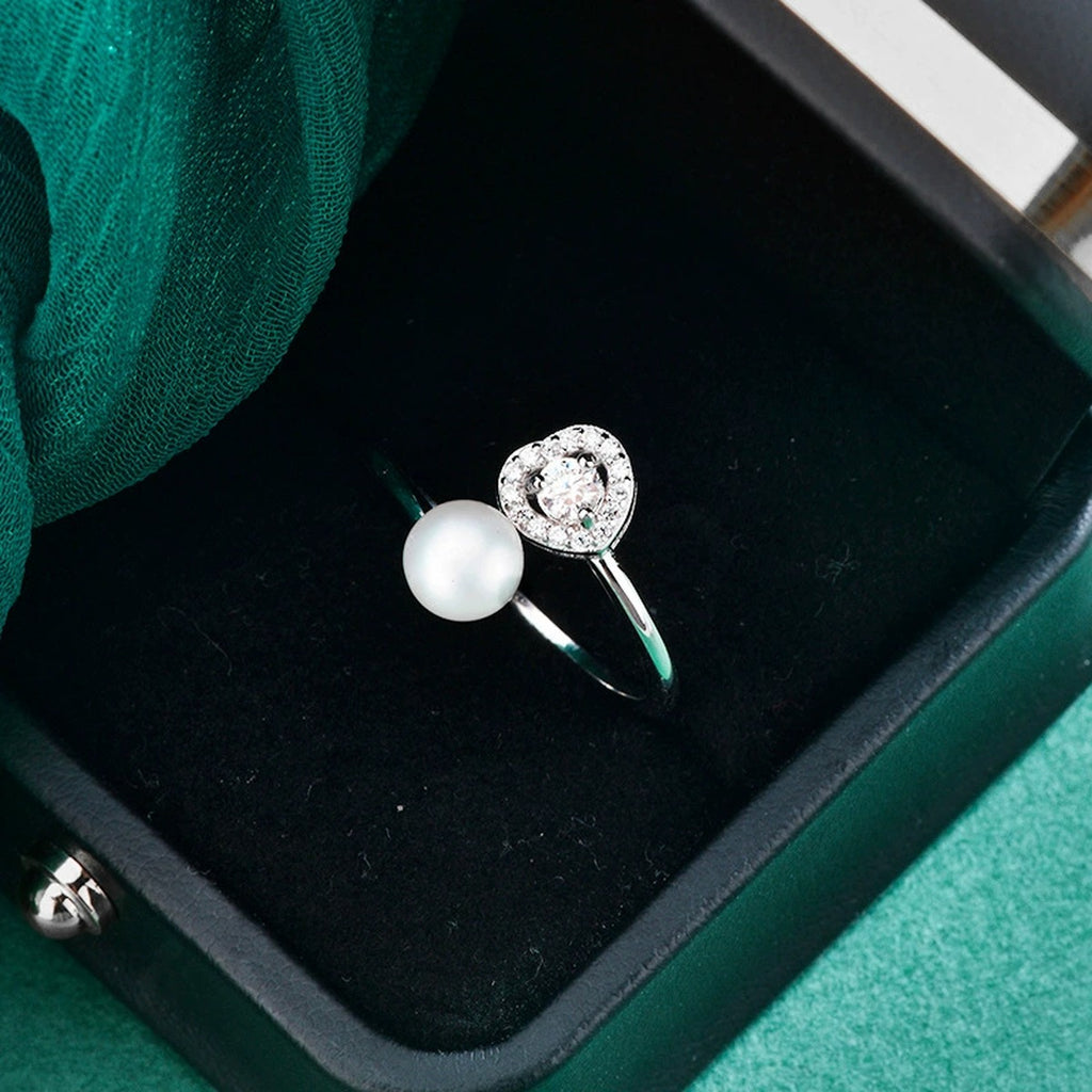 Pearl and Round Moissanite Adjustable Ring with CZ close-up detail view with moissanite sparkle