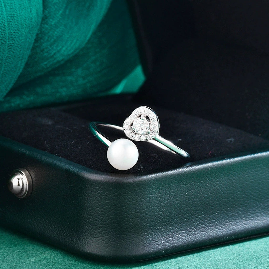 Pearl and Round Moissanite Adjustable Ring with CZ close-up detail view with moissanite sparkle