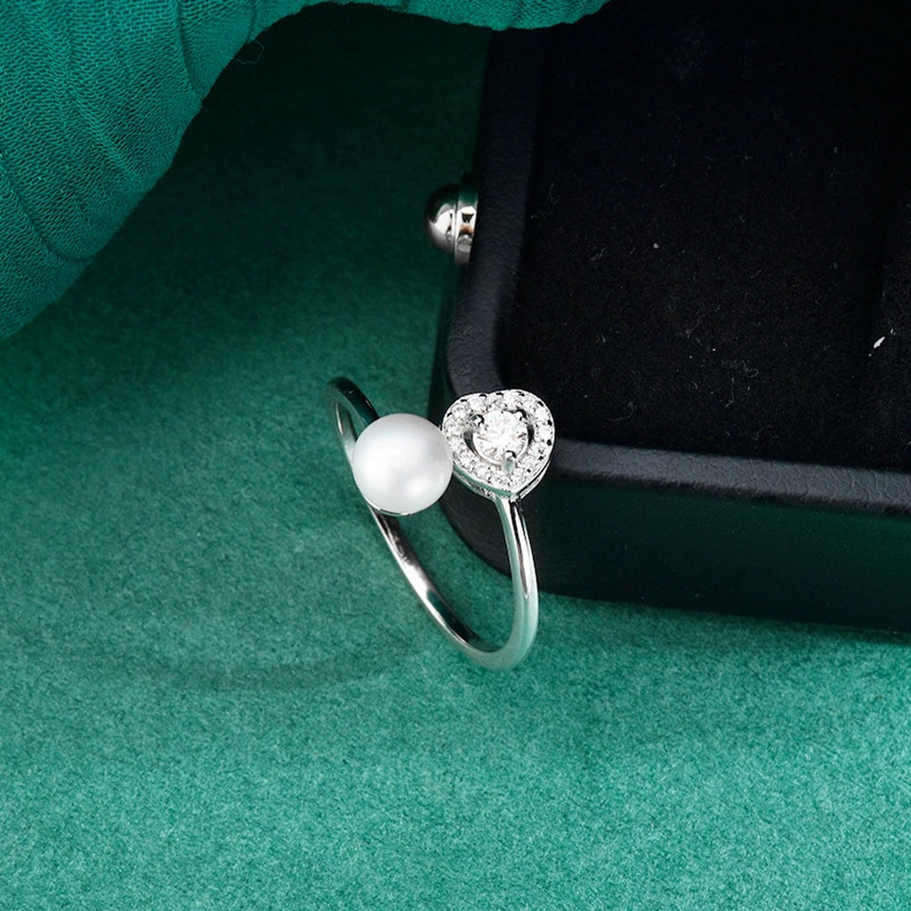 Pearl and Round Moissanite Adjustable Ring with CZ close-up detail view with moissanite sparkle