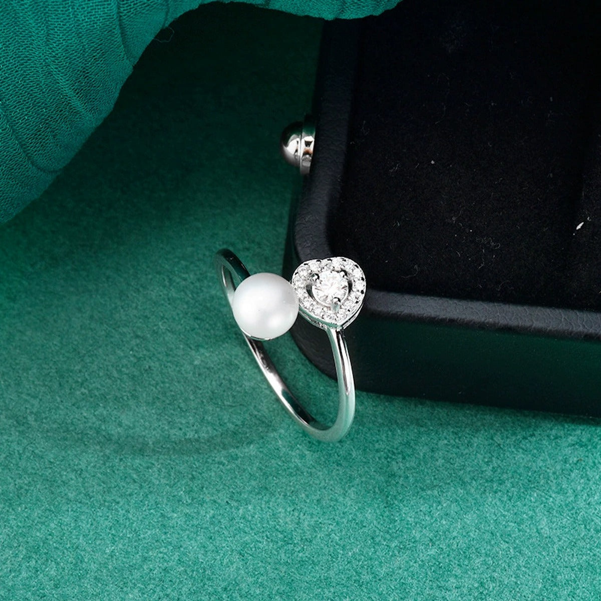 Pearl and Round Moissanite Adjustable Ring with CZ close-up detail view with moissanite sparkle