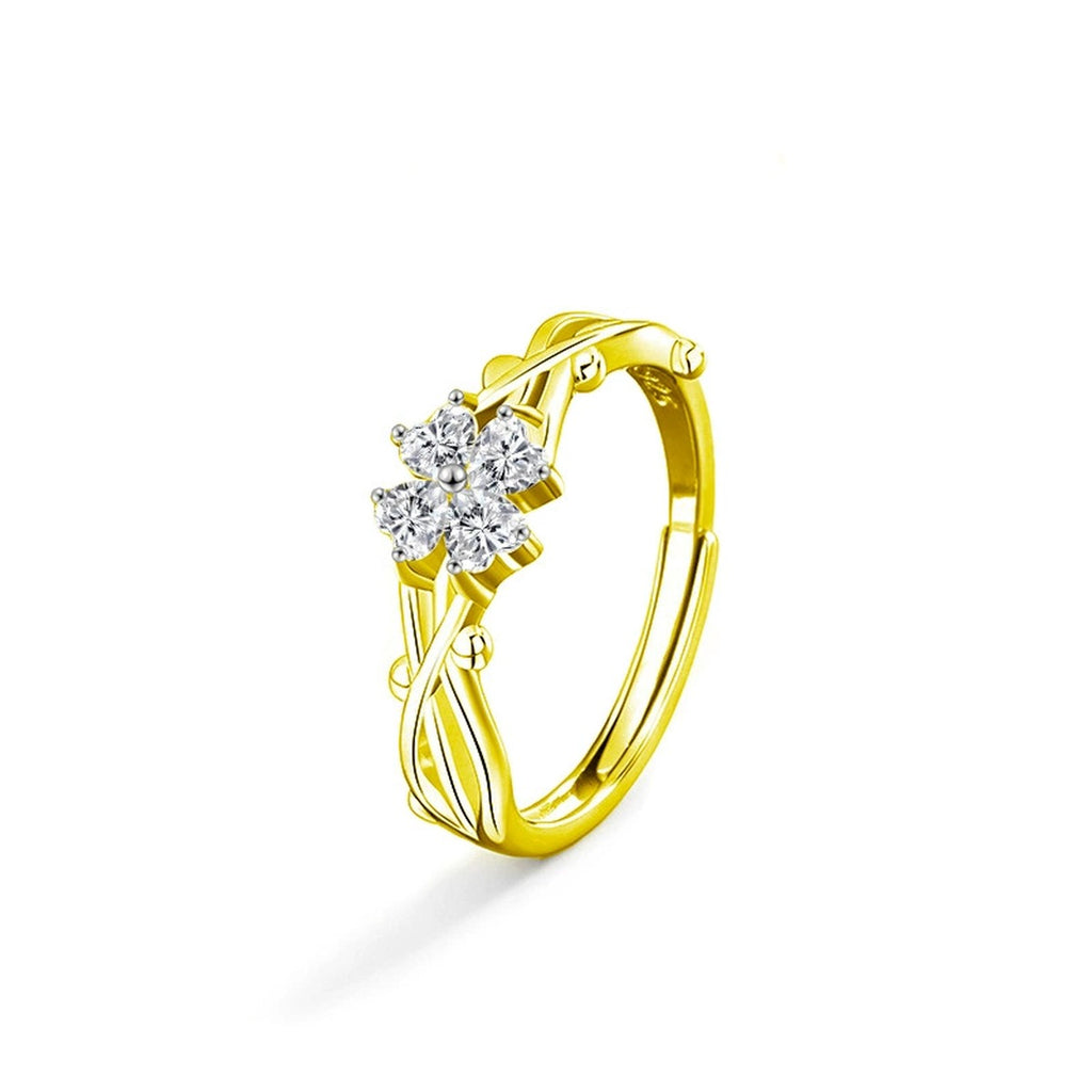 Four-Heart Moissanite Adjustable Ring in gold-plated S925 sterling silver on clean white background