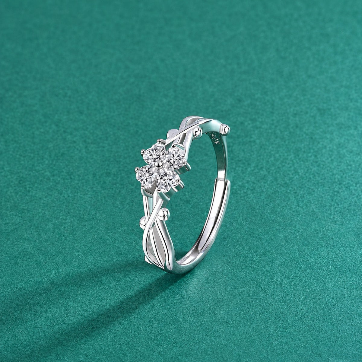 Four-Heart Moissanite Adjustable Ring product view showing moissanite setting and metal finish