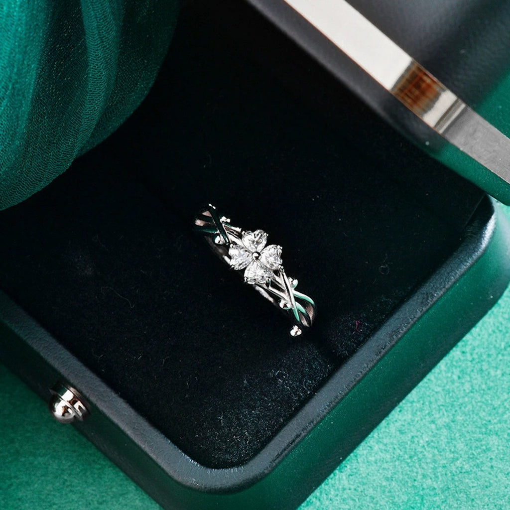 Four-Heart Moissanite Adjustable Ring close-up detail view with moissanite sparkle