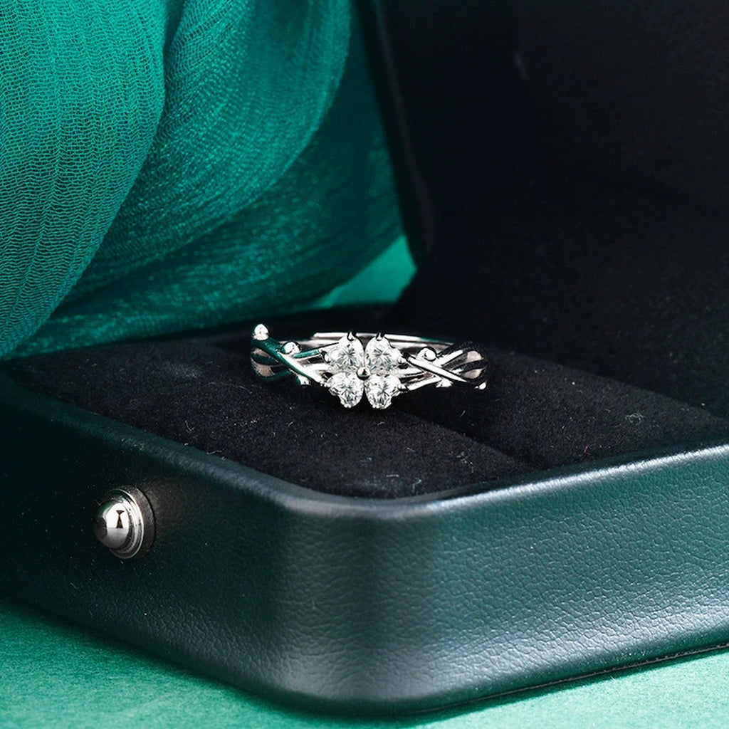 Four-Heart Moissanite Adjustable Ring close-up detail view with moissanite sparkle