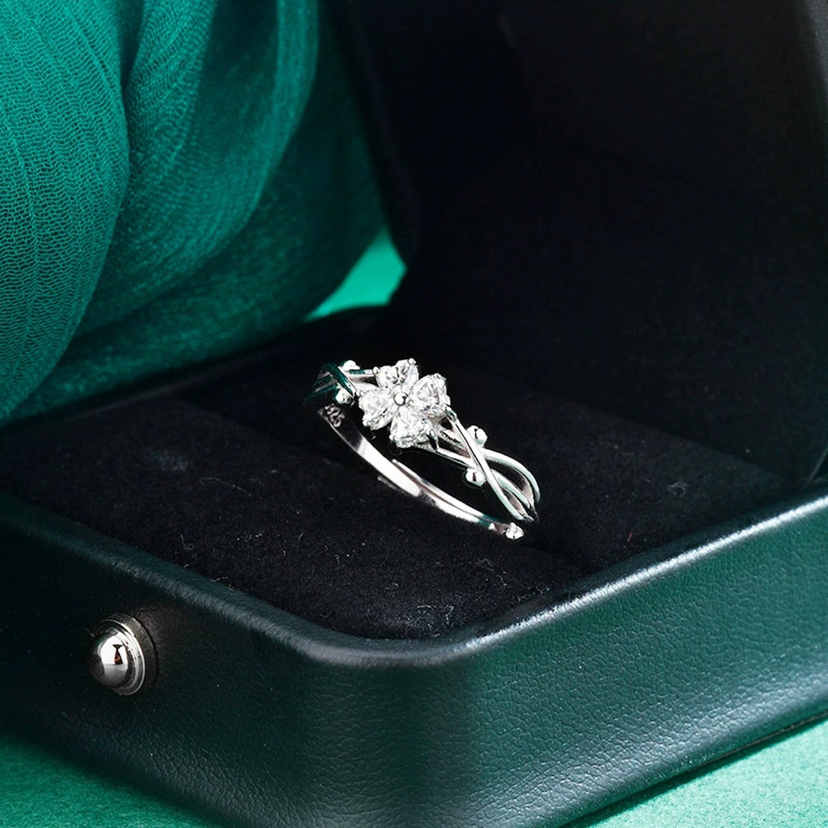 Four-Heart Moissanite Adjustable Ring close-up detail view with moissanite sparkle