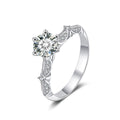 Leaf Accent Round Moissanite Engagement Ring with CZ in white gold-plated S925 sterling silver on clean white background